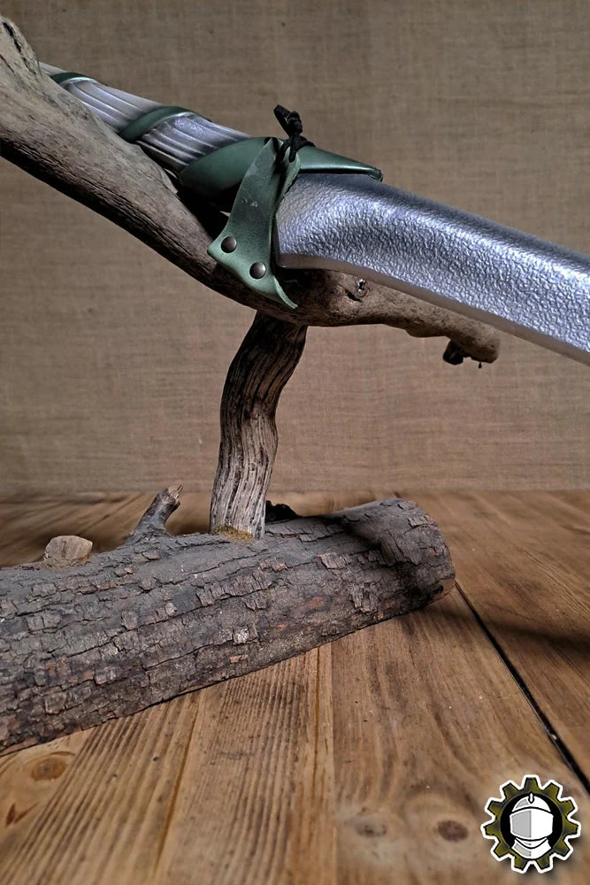 Blade Hook (New Blood) securing a sabre on a wooden display stand, showcasing its functional design and craftsmanship.