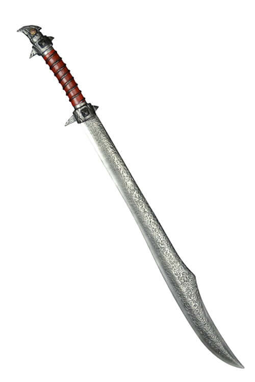 The Baen Si II sword features a unique hammered blade and deep red handle wrappings for a rugged, realistic look.