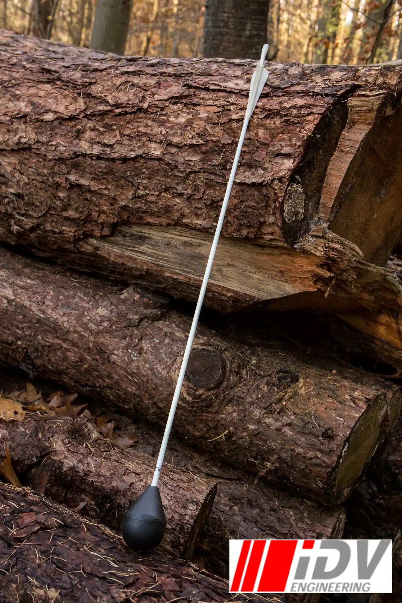 Arrow - Round Head - White Shaft placed against a backdrop of logs in a forest setting.
