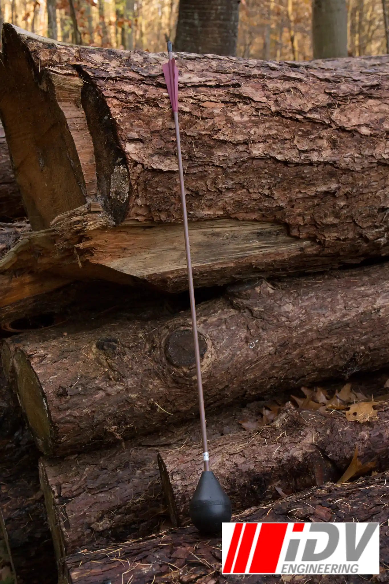 Arrow - Round Head - Brown Shaft standing against a stack of logs in an outdoor setting.