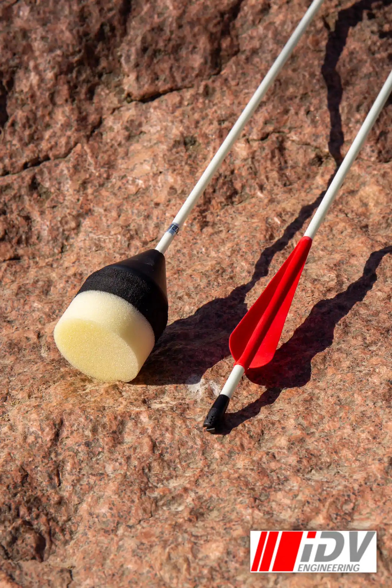 Arrow - Flat Head - White Shaft on a rocky surface with a black and red fin.