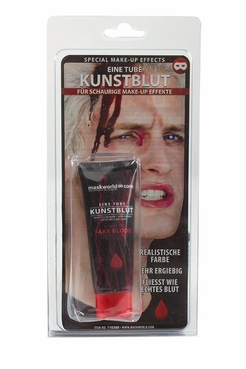 Tube of Fake Blood in packaging with realistic makeup effects for theatrical use.
